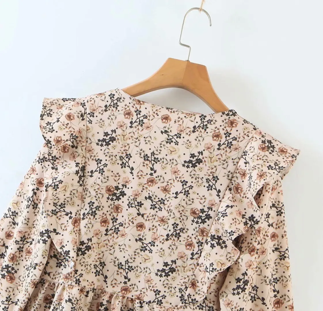 V-neck Ruffled Single-breasted Floral Blouses Shirts