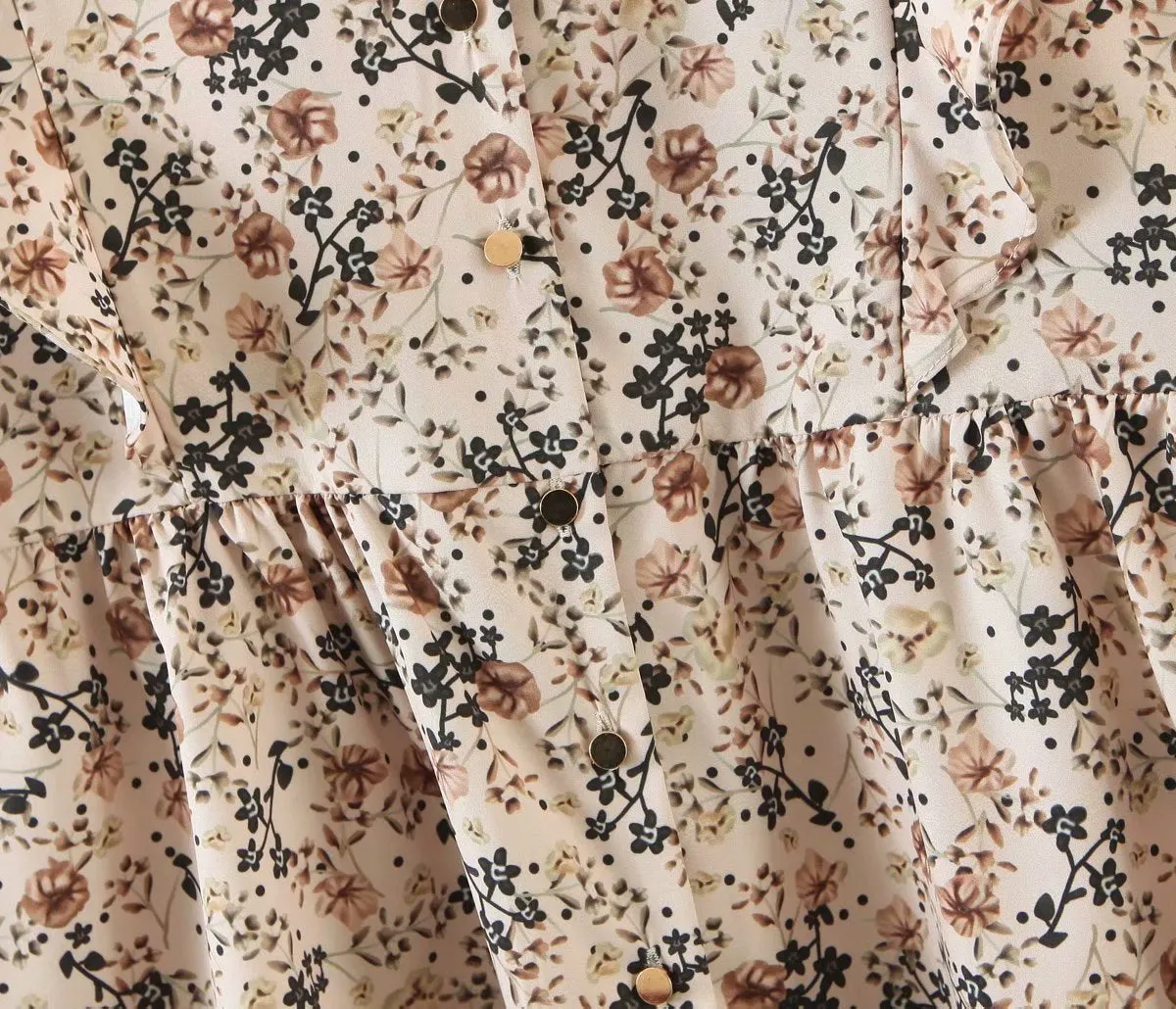 V-neck Ruffled Single-breasted Floral Blouses Shirts