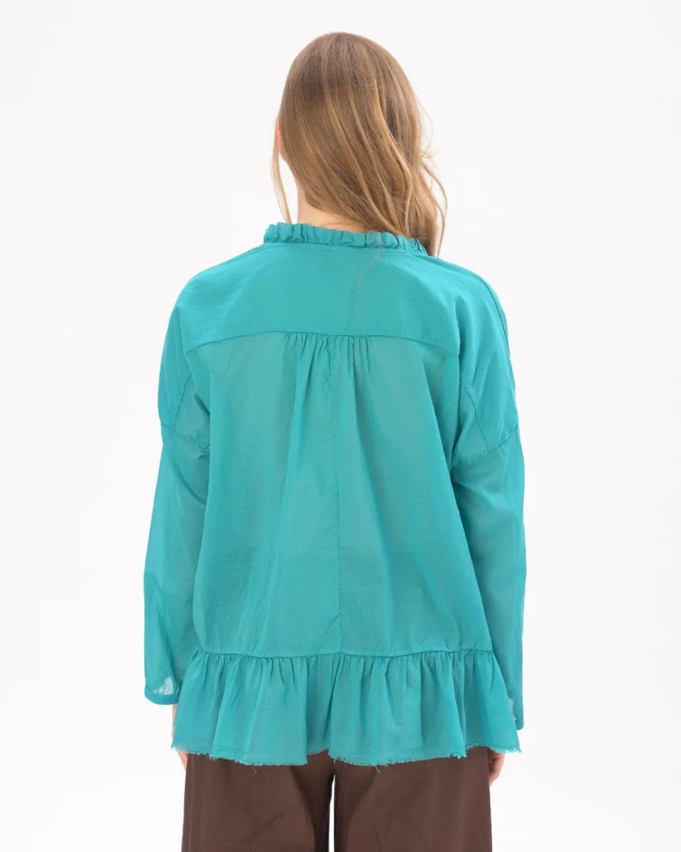 V-neck Ruffled Tie Collar Cotton Shirt