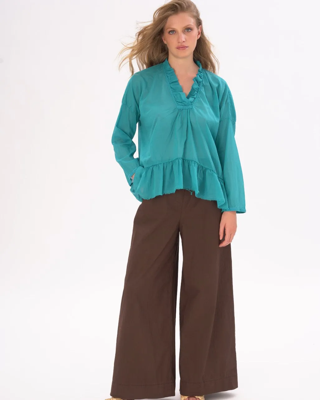 V-neck Ruffled Tie Collar Cotton Shirt