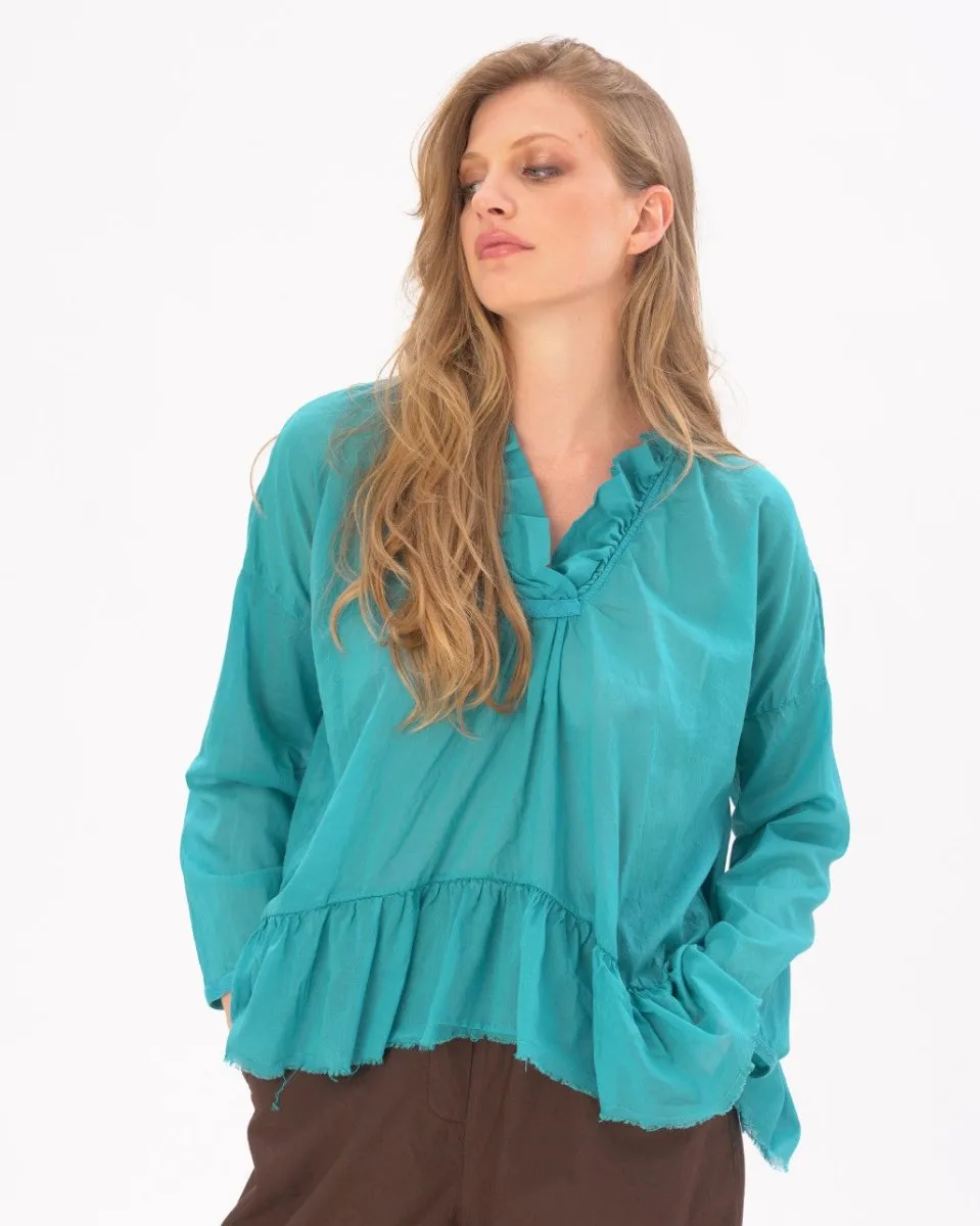 V-neck Ruffled Tie Collar Cotton Shirt