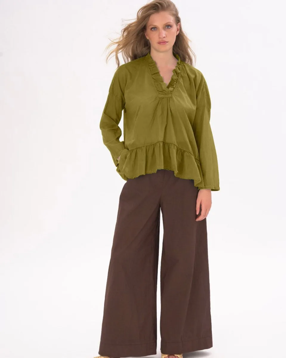 V-neck Ruffled Tie Collar Cotton Shirt