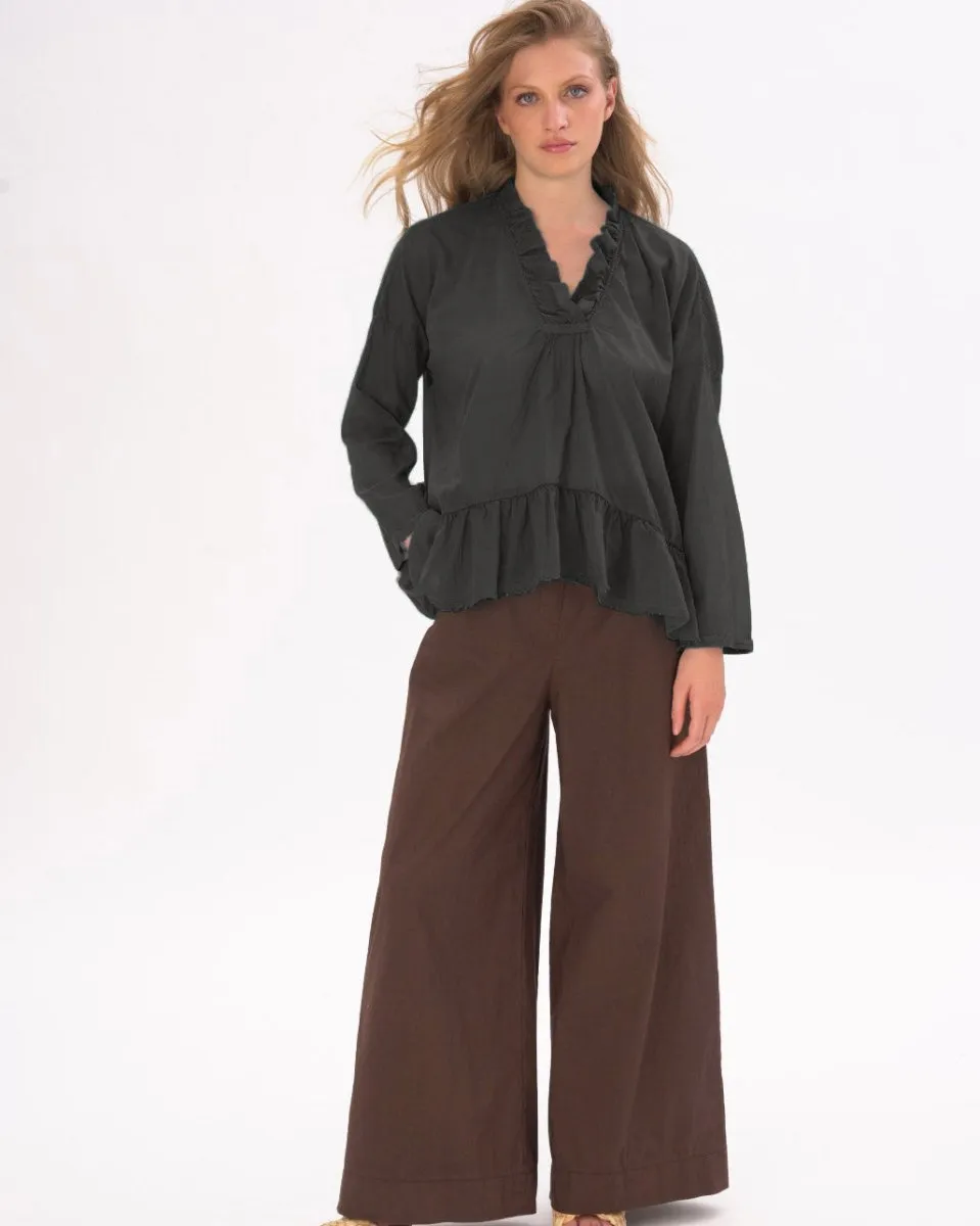 V-neck Ruffled Tie Collar Cotton Shirt