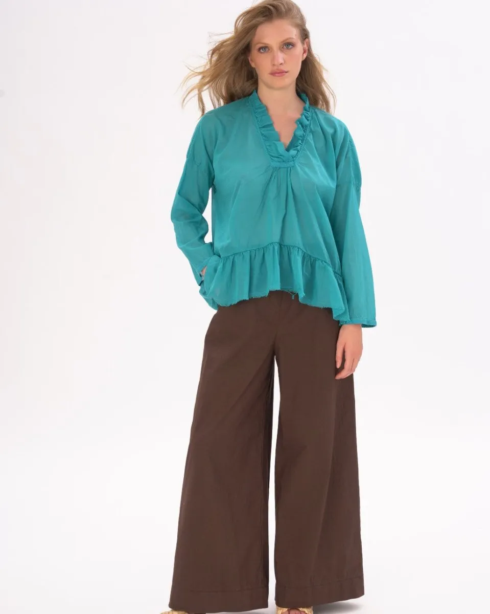 V-neck Ruffled Tie Collar Cotton Shirt