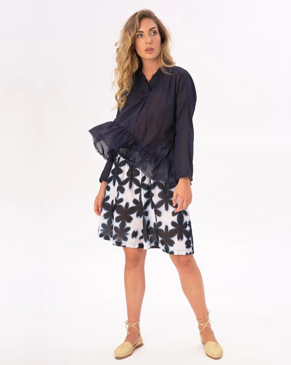 V-neck Ruffled Tie Collar Cotton Shirt