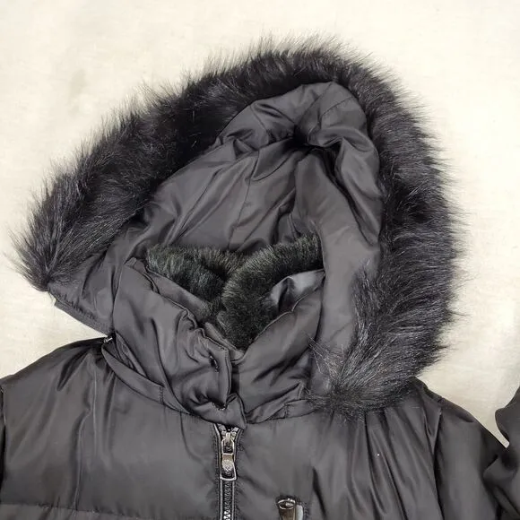 Vince Camuto Puffer Coat Womens Size Medium Black Faux Fur Goose Down Winter