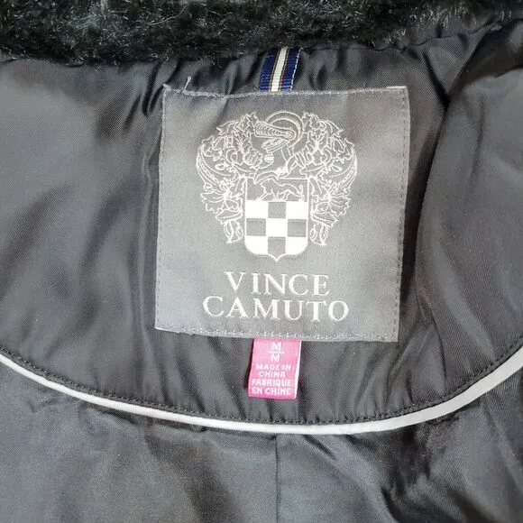 Vince Camuto Puffer Coat Womens Size Medium Black Faux Fur Goose Down Winter