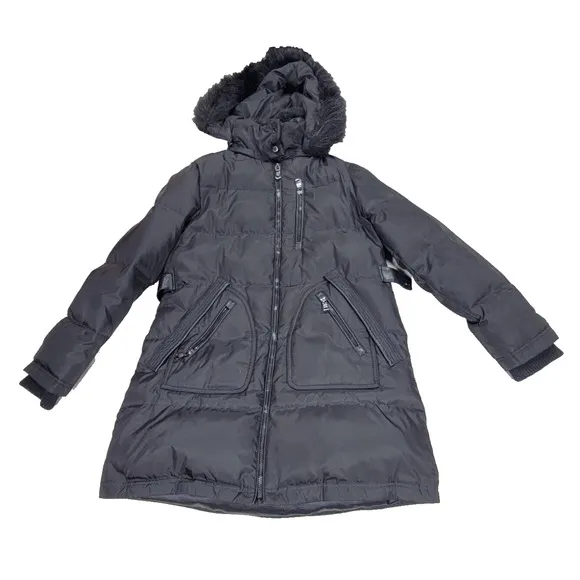 Vince Camuto Puffer Coat Womens Size Medium Black Faux Fur Goose Down Winter