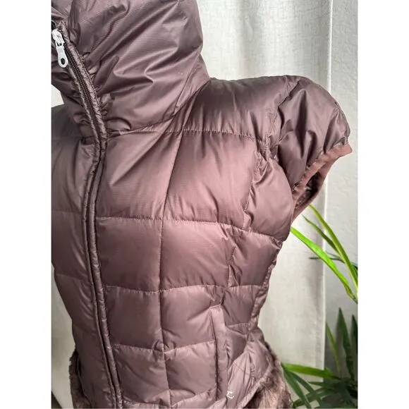Vtg Womens NILS Goose Down Ski Vest Brown Glam Fur Trim Warm Puffer Jacket Sz 8