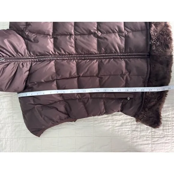 Vtg Womens NILS Goose Down Ski Vest Brown Glam Fur Trim Warm Puffer Jacket Sz 8