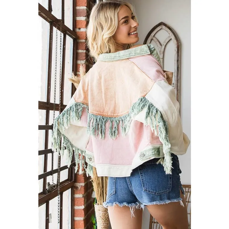 Washed Colorblock Button Down Fringe Twill Oli&Hali Jacket: Pink Combo