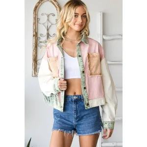 Washed Colorblock Button Down Fringe Twill Oli&Hali Jacket: Pink Combo