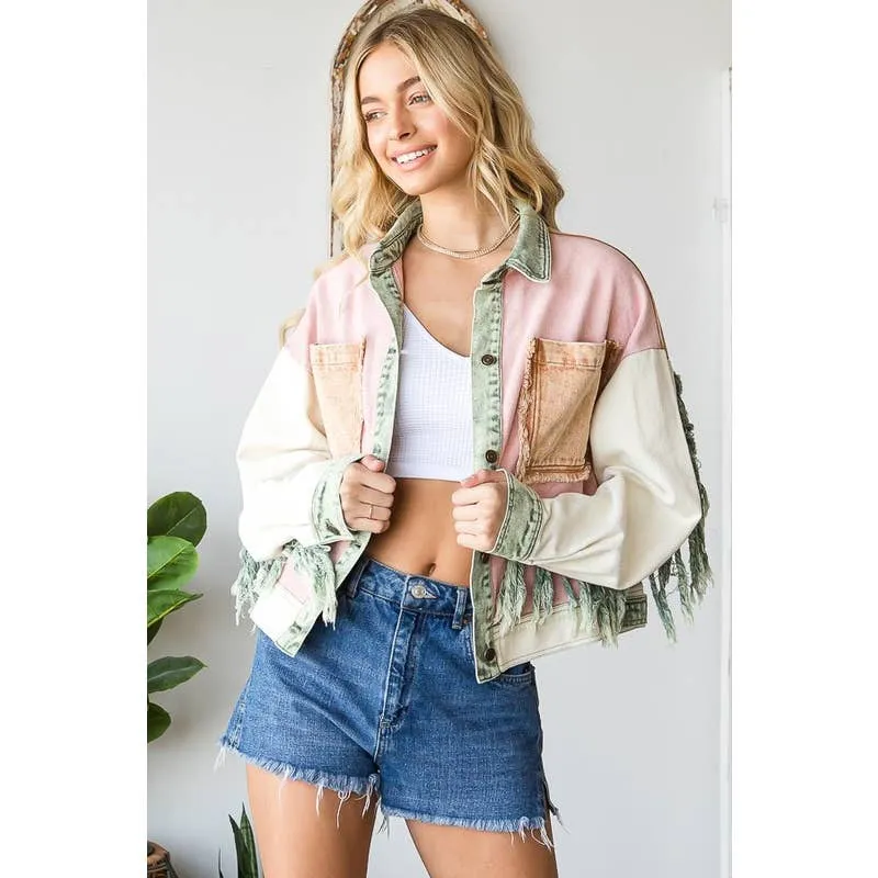 Washed Colorblock Button Down Fringe Twill Oli&Hali Jacket: Pink Combo