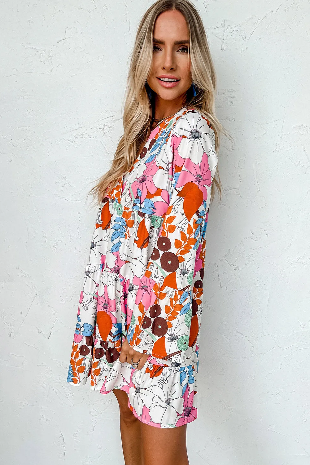 White Floral Long Sleeve V-Neck Ruffled Dress