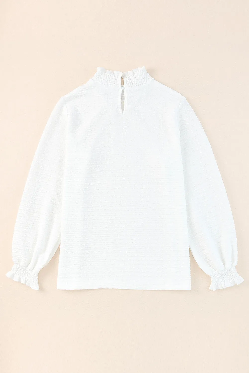 White Frilled Smocked Neck Textured Bishop Sleeve Blouse