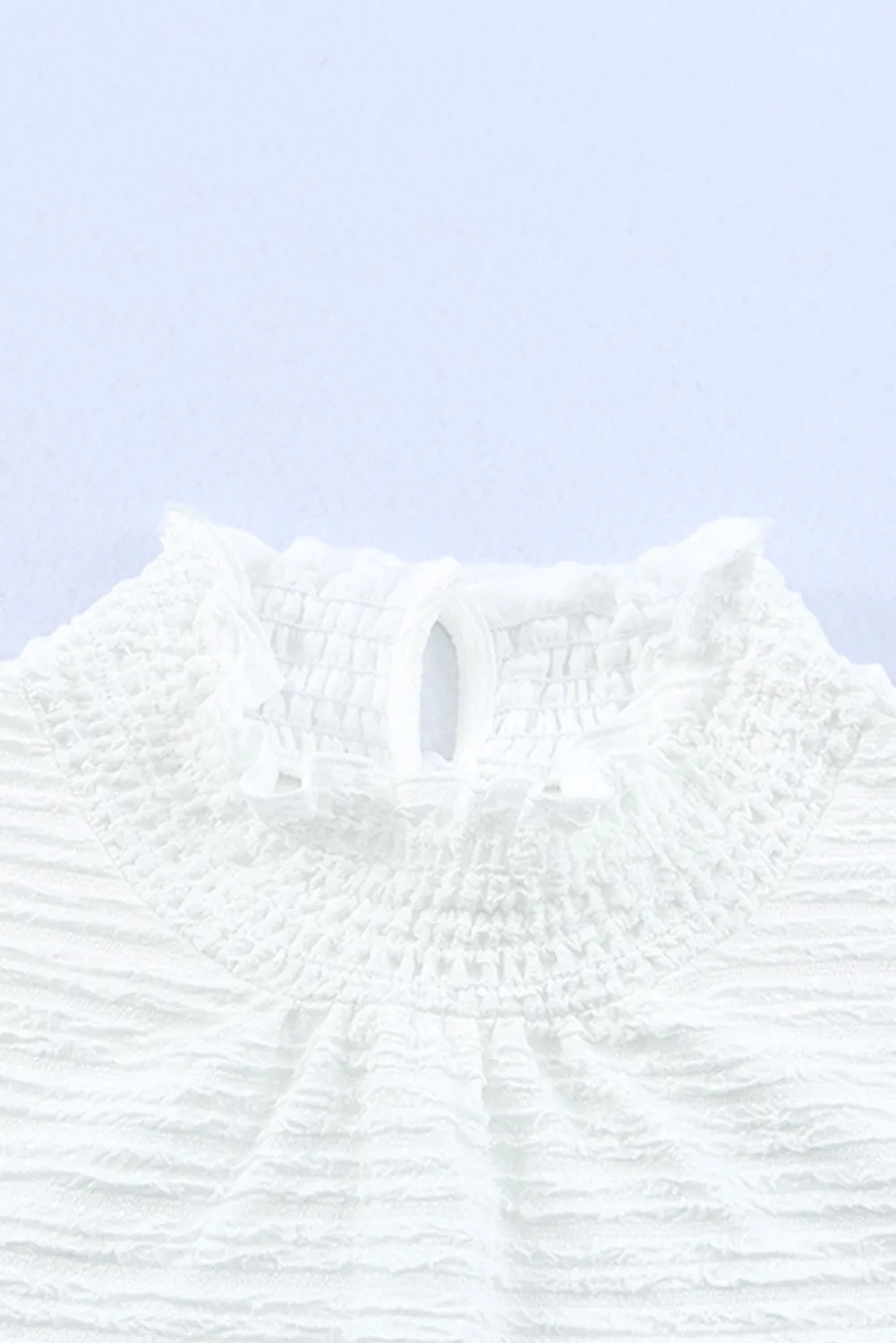 White Frilled Smocked Neck Textured Bishop Sleeve Blouse