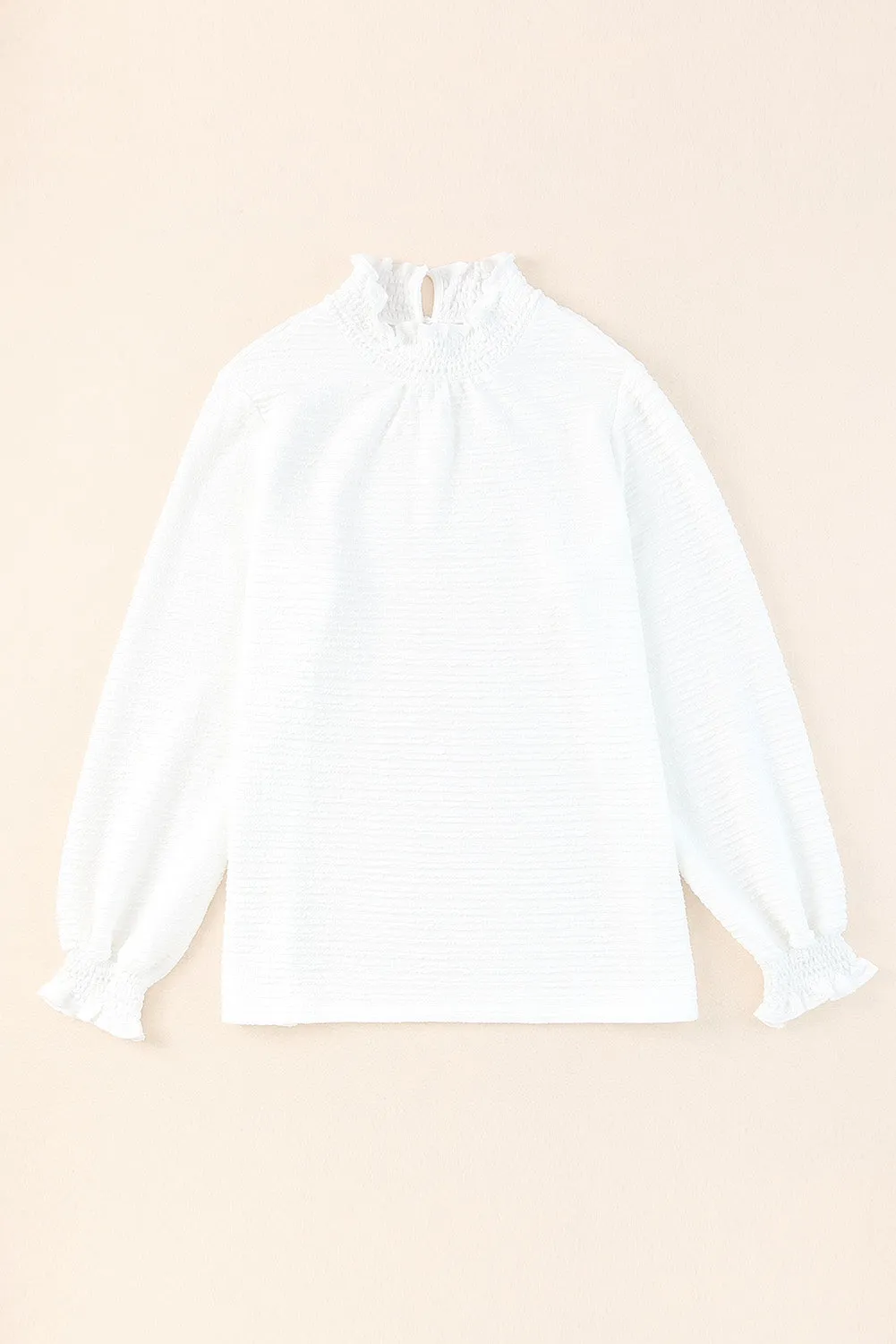 White Frilled Smocked Neck Textured Bishop Sleeve Blouse