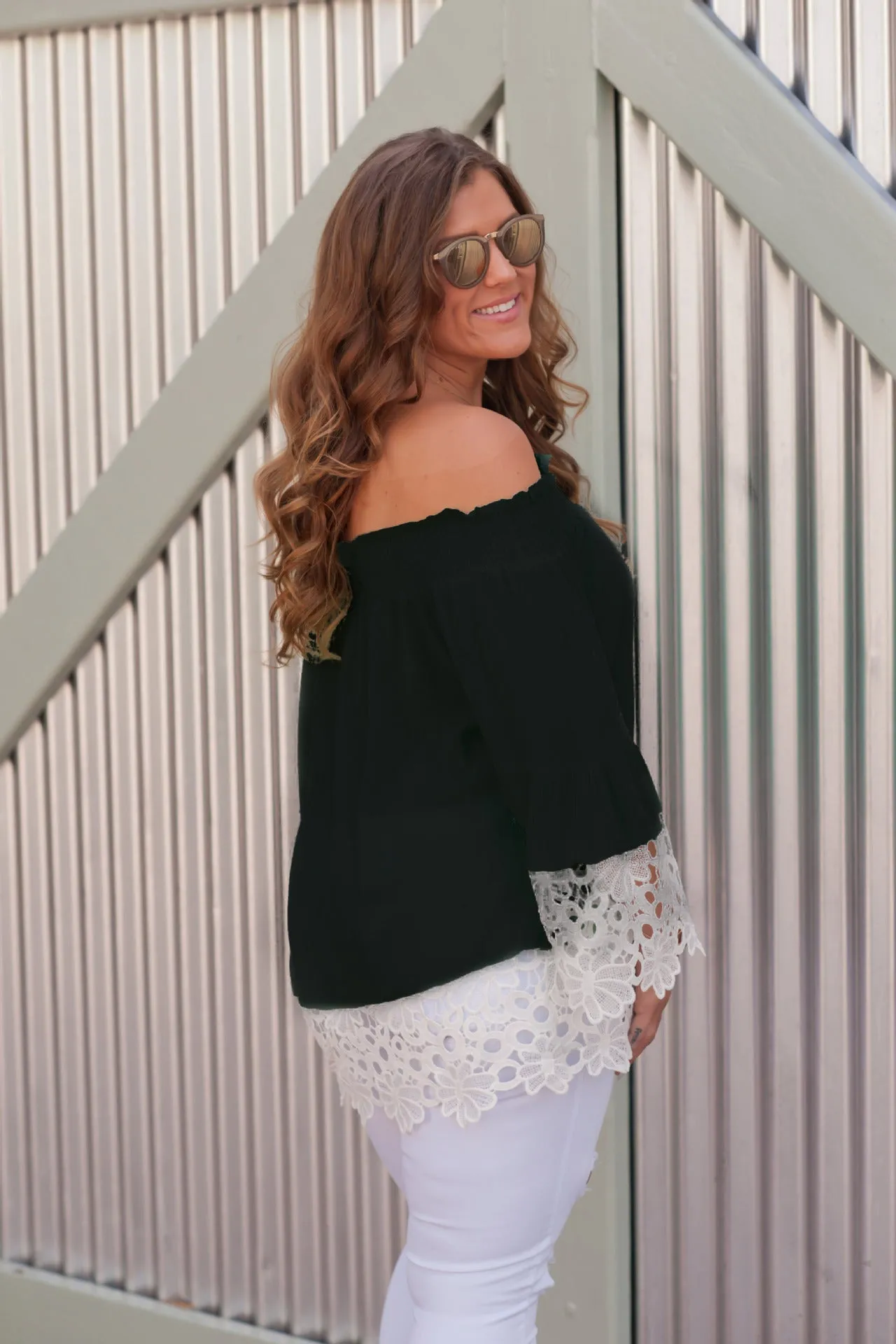 Women Sexy One Shoulder Lace Stitching Long Sleeve Loose Cuffs Shirt Blouses