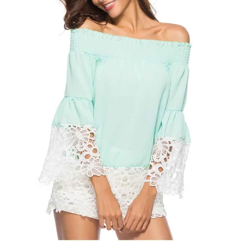 Women Sexy One Shoulder Lace Stitching Long Sleeve Loose Cuffs Shirt Blouses