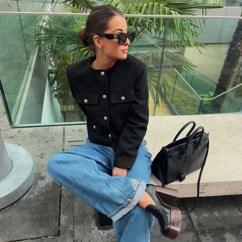 Women's Cropped Button Jacket Long Sleeve Elegant Outerwear