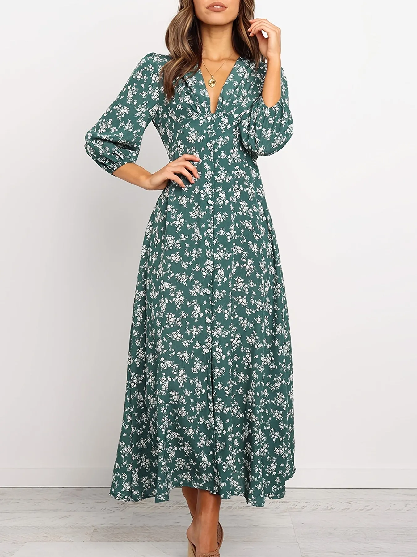 Women's Dirty Floral V Neck Long Sleeve Maxi Dress