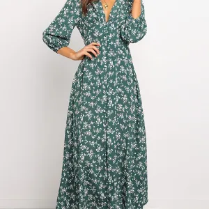 Women's Dirty Floral V Neck Long Sleeve Maxi Dress