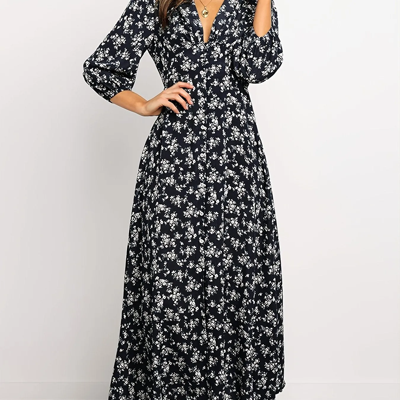 Women's Dirty Floral V Neck Long Sleeve Maxi Dress