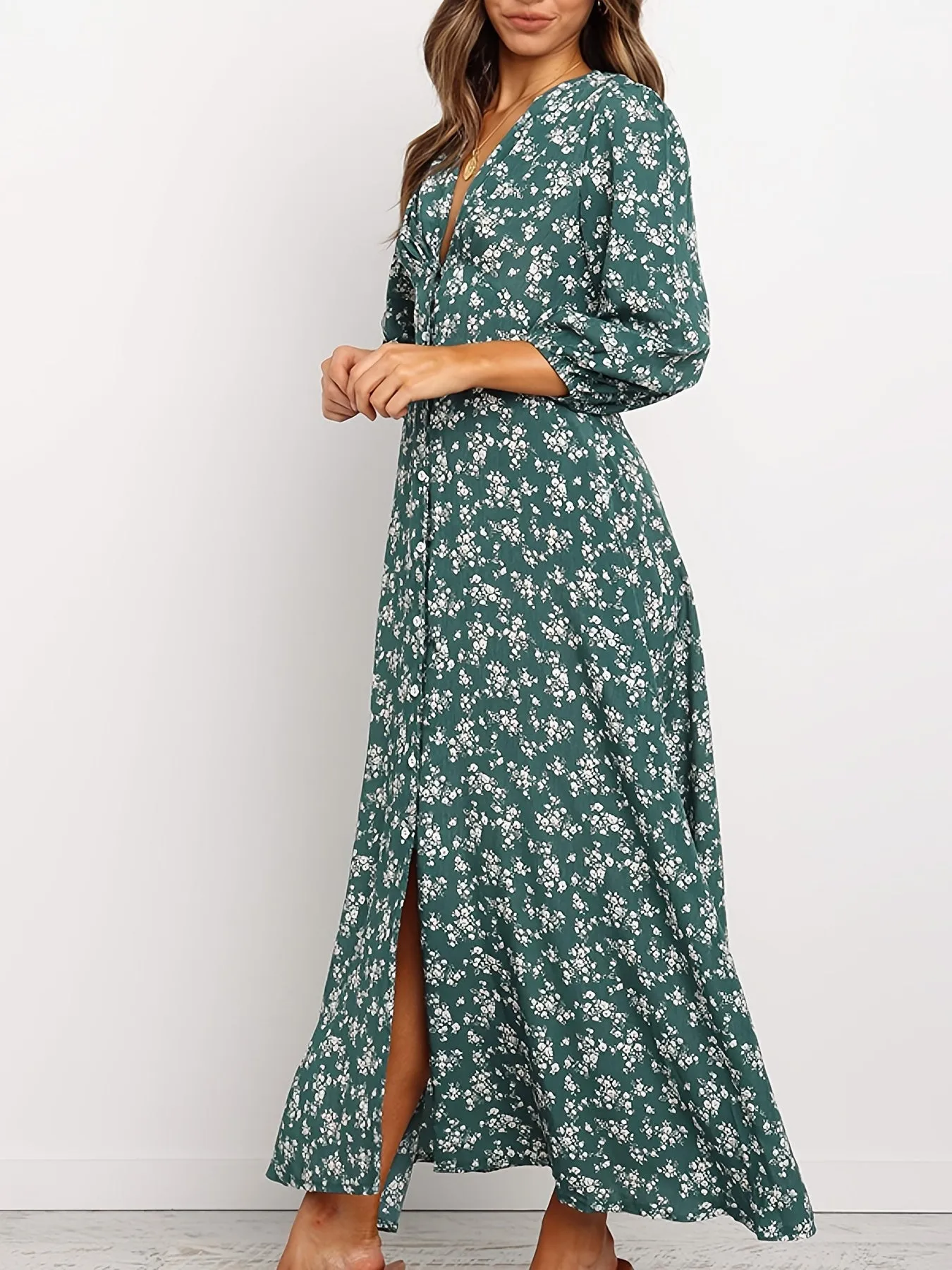 Women's Dirty Floral V Neck Long Sleeve Maxi Dress