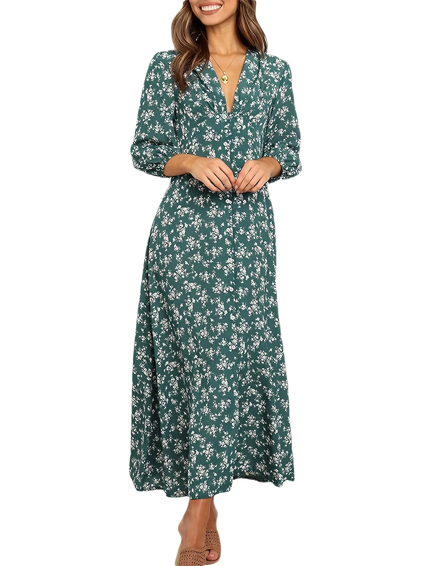 Women's Dirty Floral V Neck Long Sleeve Maxi Dress