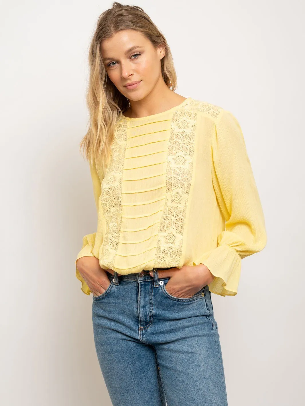 WOMEN'S EMBROIDERED FLORAL LACE PINTUCK TOP