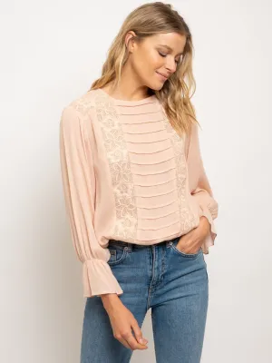 WOMEN'S EMBROIDERED FLORAL LACE PINTUCK TOP
