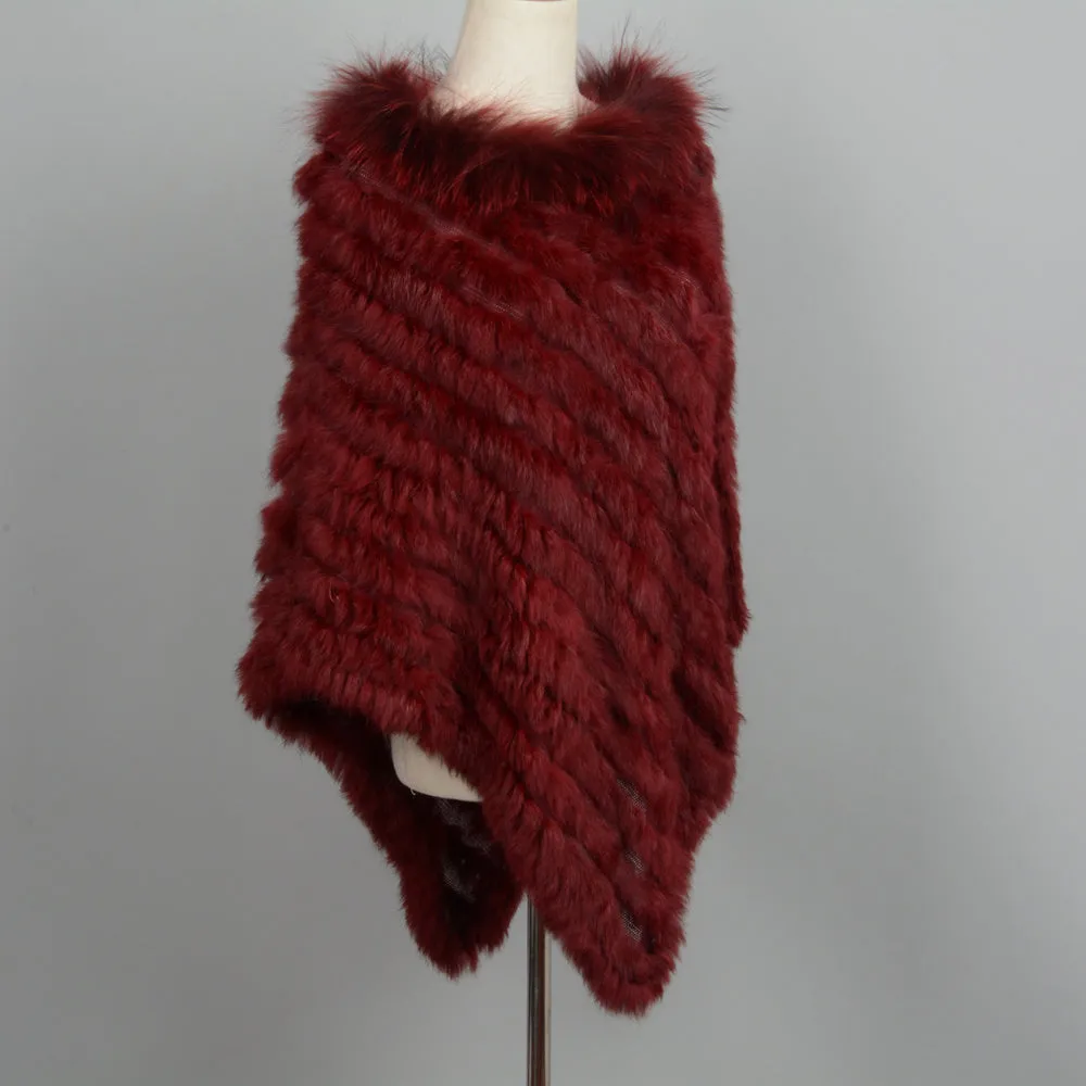 Women's Genuine Rabbit Knitted Shawl Raccoon Fur Collar Large Red Cape