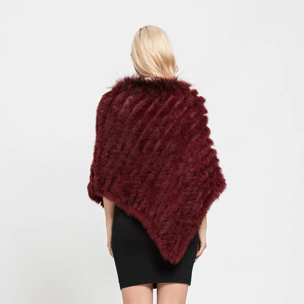 Women's Genuine Rabbit Knitted Shawl Raccoon Fur Collar Large Red Cape