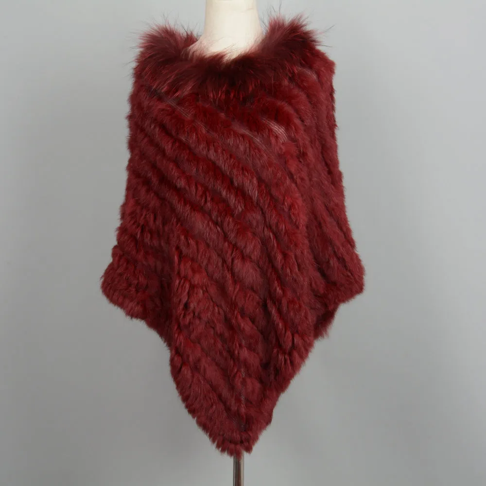 Women's Genuine Rabbit Knitted Shawl Raccoon Fur Collar Large Red Cape