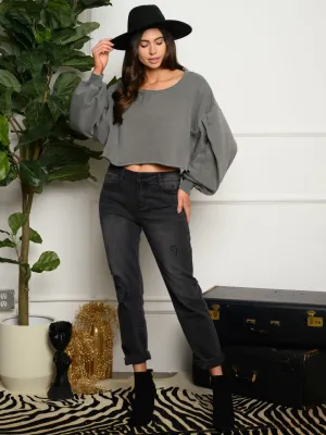 WOMEN'S LONG BALLOON SLEEVES CROP TOP
