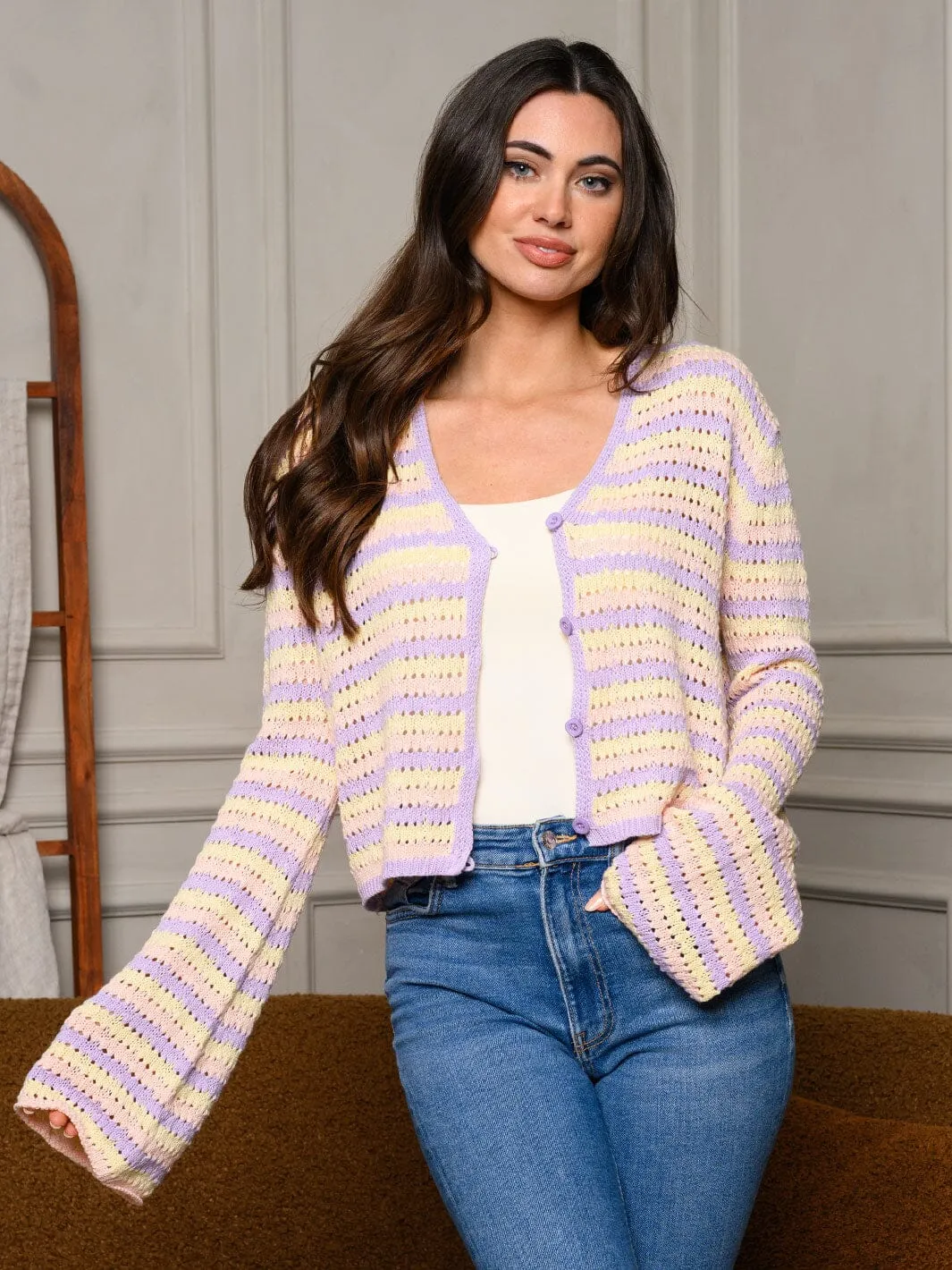 WOMEN'S LONG BELL SLEEVE COLORBLOCK CARDIGAN