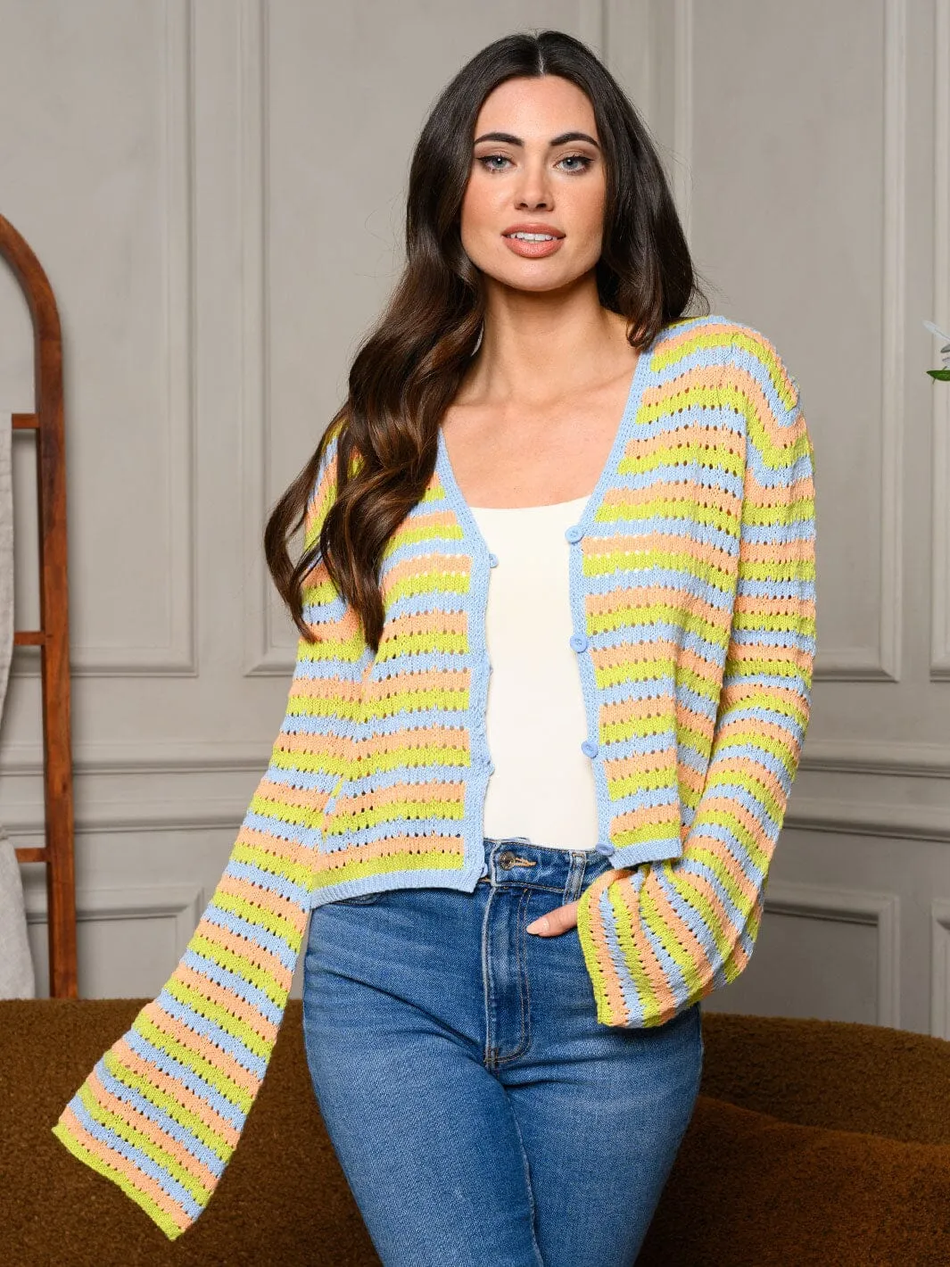 WOMEN'S LONG BELL SLEEVE COLORBLOCK CARDIGAN