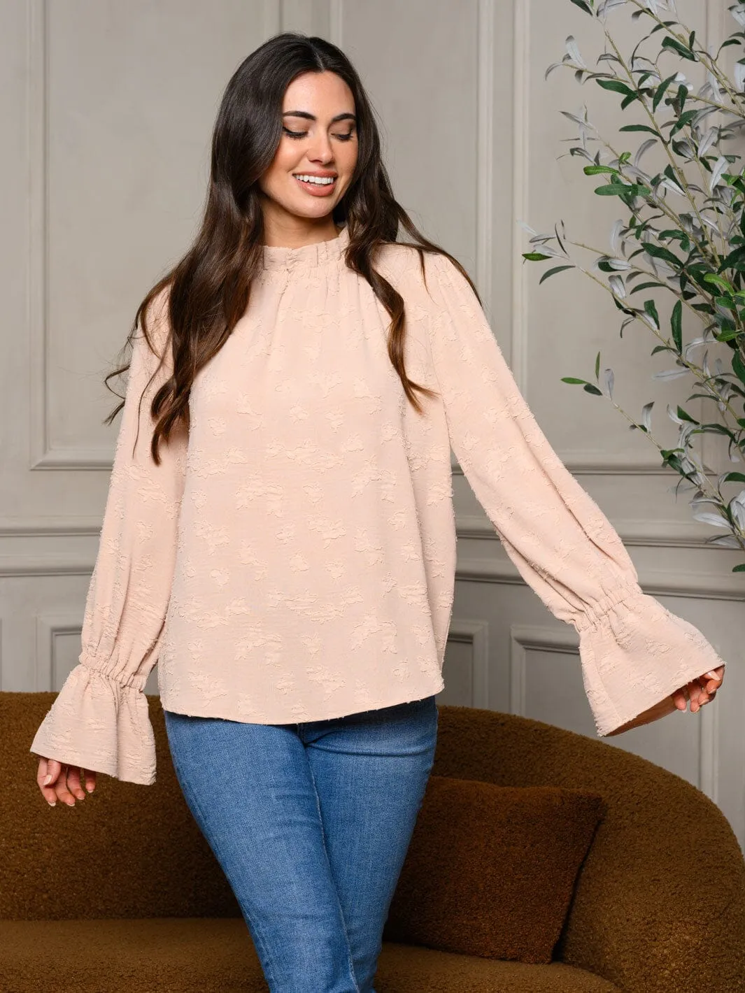 WOMEN'S LONG BELL SLEEVE MOCK NECK BLOUSE TOP