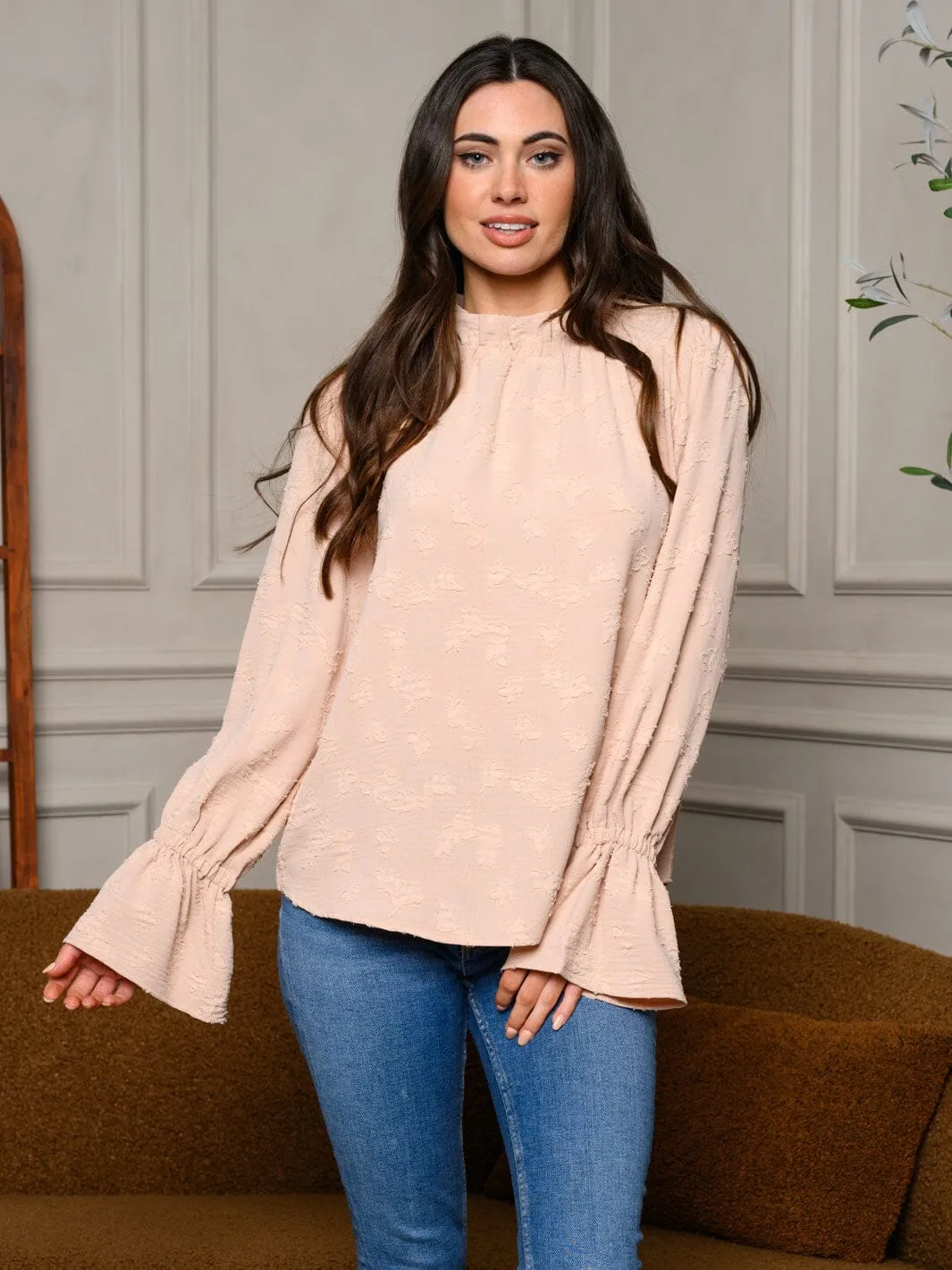 WOMEN'S LONG BELL SLEEVE MOCK NECK BLOUSE TOP