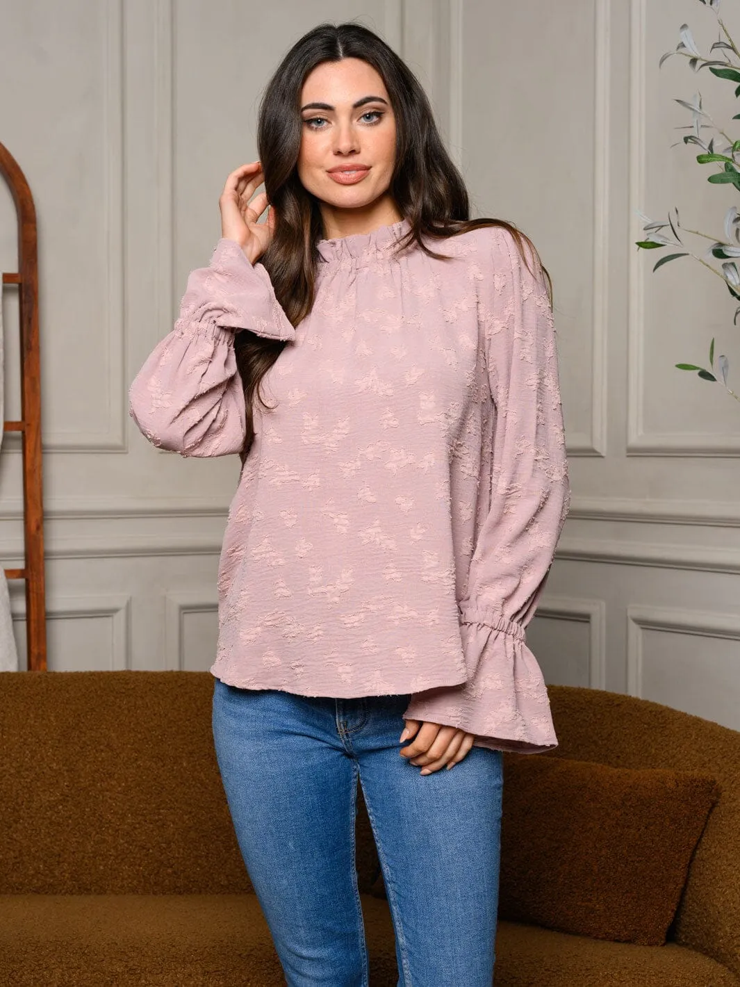 WOMEN'S LONG BELL SLEEVE MOCK NECK BLOUSE TOP