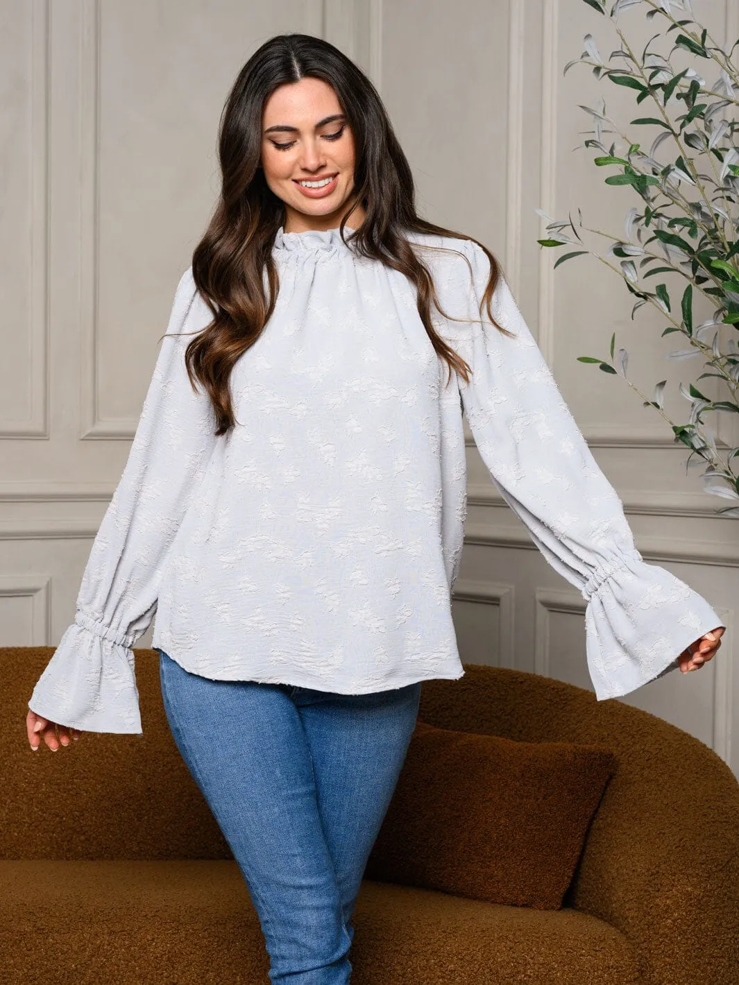 WOMEN'S LONG BELL SLEEVE MOCK NECK BLOUSE TOP
