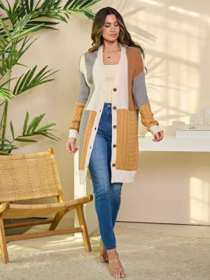 WOMEN'S LONG SLEEVE BUTTON CLOSURE COLORBLOCK CARDIGAN