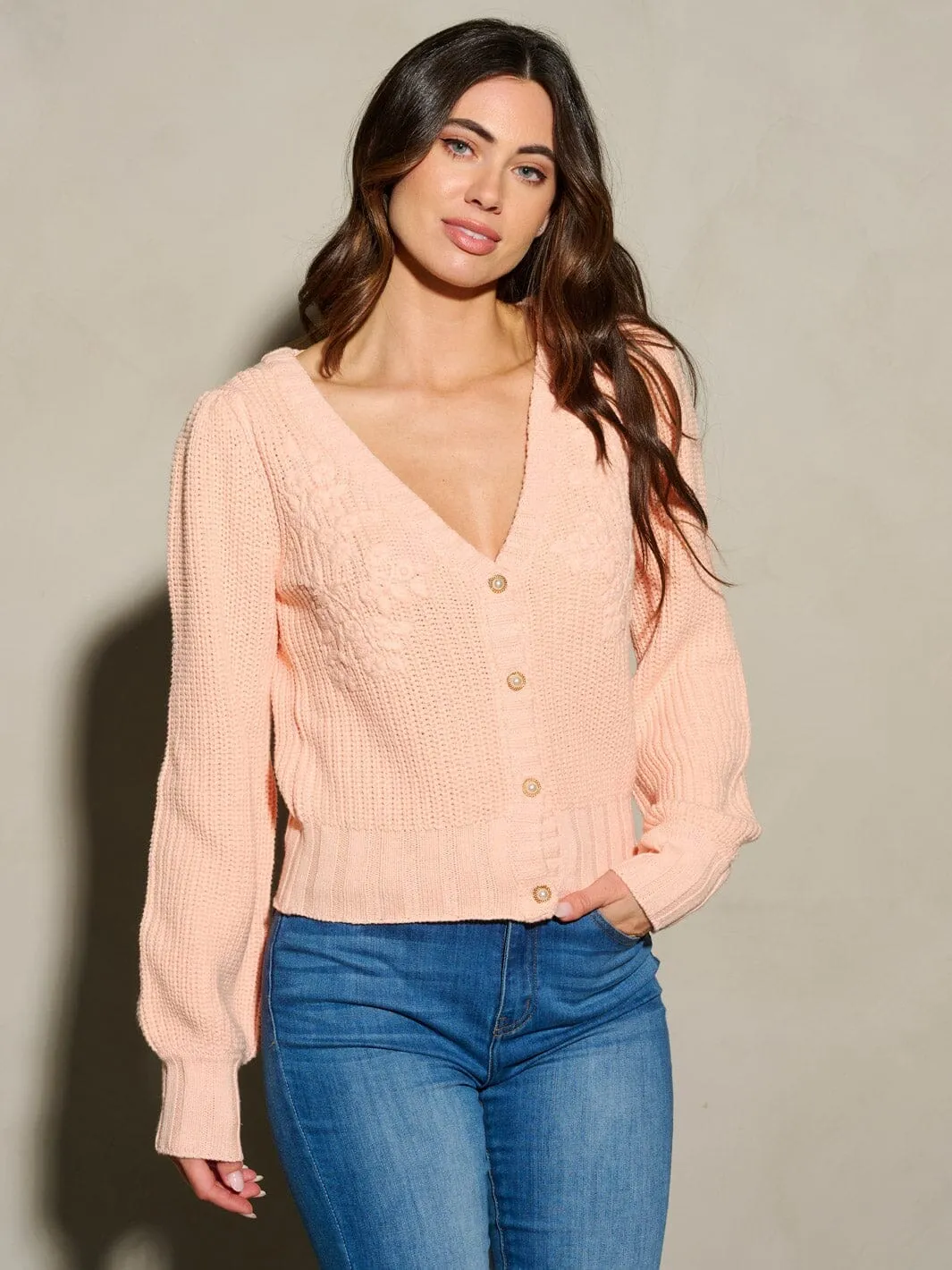 WOMEN'S LONG SLEEVE BUTTON CLOSURE EMBROIDERY DETAILED SWEATER CARDIGAN