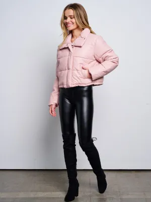 WOMEN'S LONG SLEEVE BUTTON CLOSURE POCKETS PU PLEATHER CROP JACKET