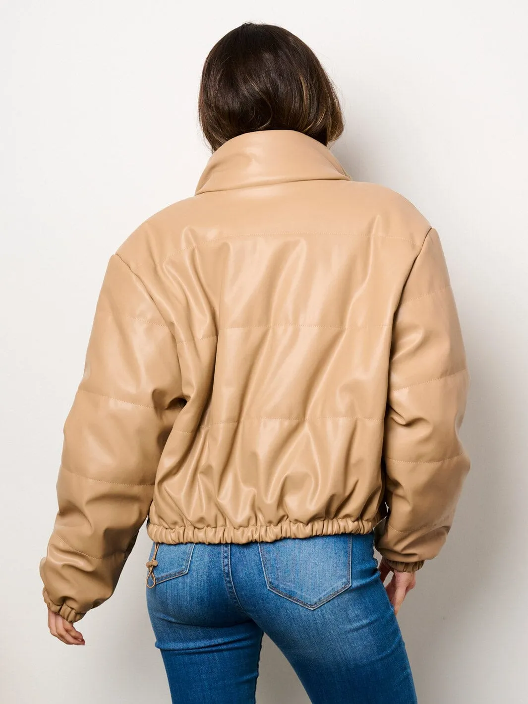 WOMEN'S LONG SLEEVE BUTTON CLOSURE POCKETS PUFFER PU PLEATHER JACKET