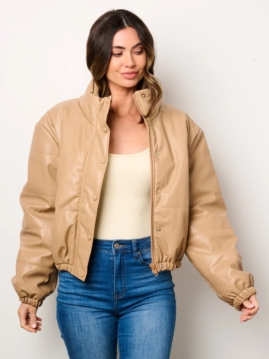 WOMEN'S LONG SLEEVE BUTTON CLOSURE POCKETS PUFFER PU PLEATHER JACKET