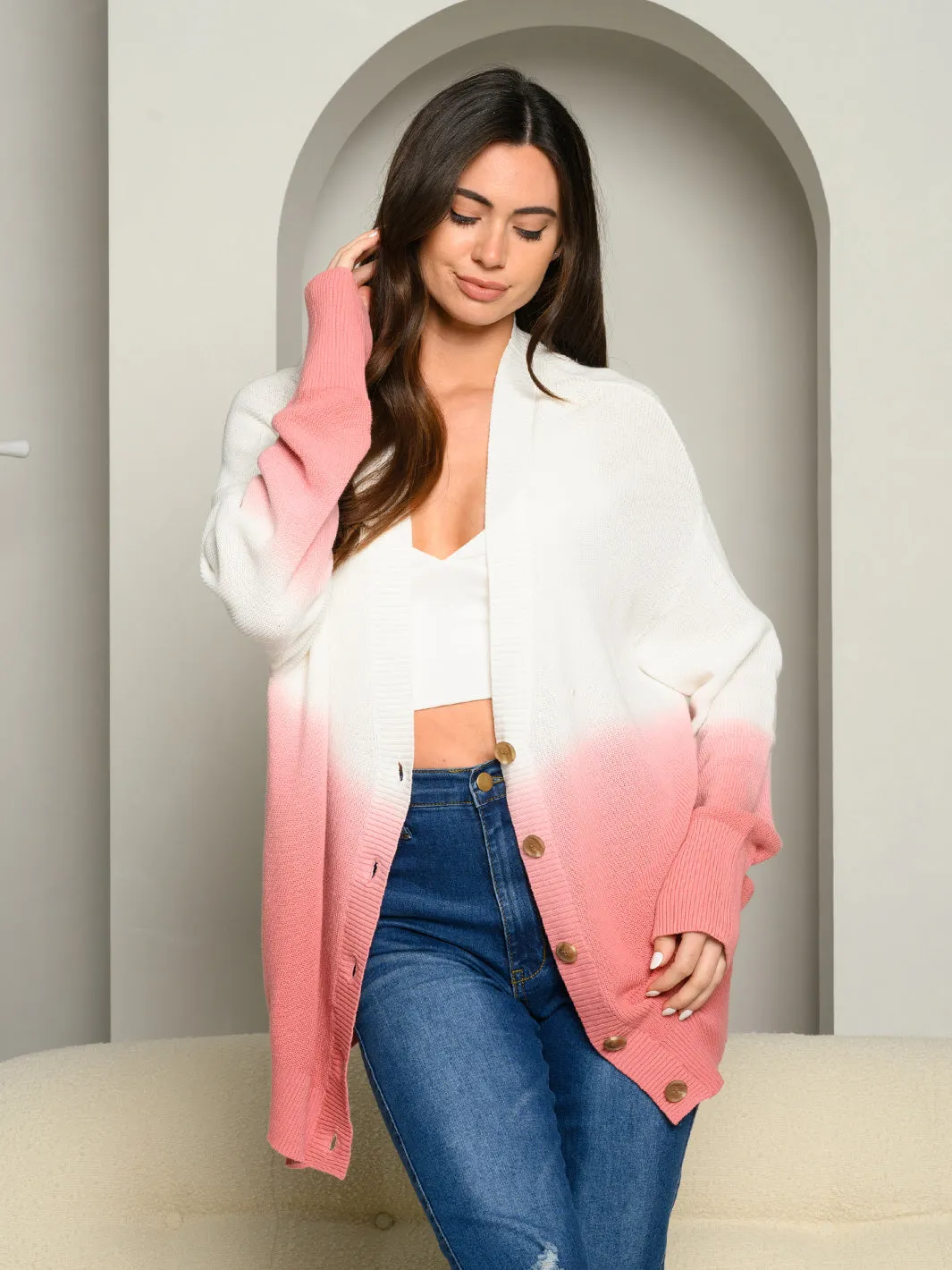 WOMEN'S LONG SLEEVE BUTTON UP COLOR BLOCK SWEATER CARDIGAN