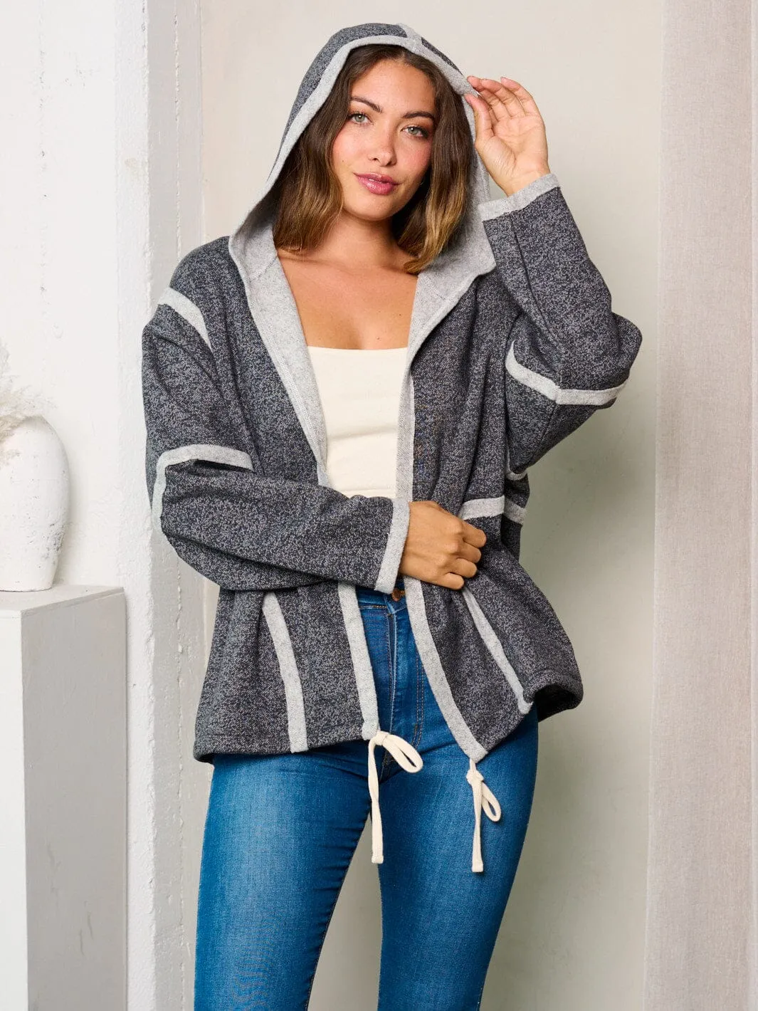 WOMEN'S LONG SLEEVE HOODED OPEN FRONT CARDIGAN