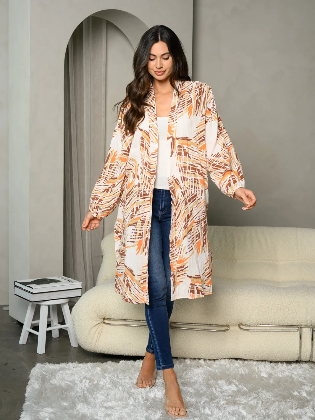 WOMEN'S LONG SLEEVE LEAF PRINT OPEN CARDIGAN