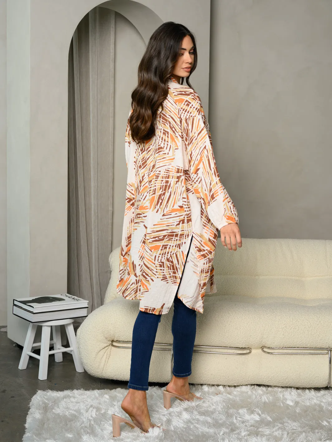 WOMEN'S LONG SLEEVE LEAF PRINT OPEN CARDIGAN
